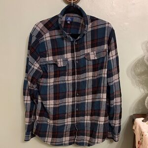 Men’s Plaid Flannel Shirt Blue Red Grey Button Down Size Large